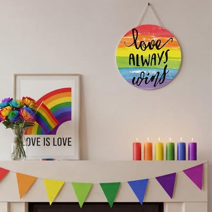 Smile Pride Month Love Always Wins Round Wooden Door Sign Rainbow Indoor & Outdoor Decorative Plaque LGBTQ+ Home, Porch & Patio Decor Gay Pride - style: Rainbow LGBT