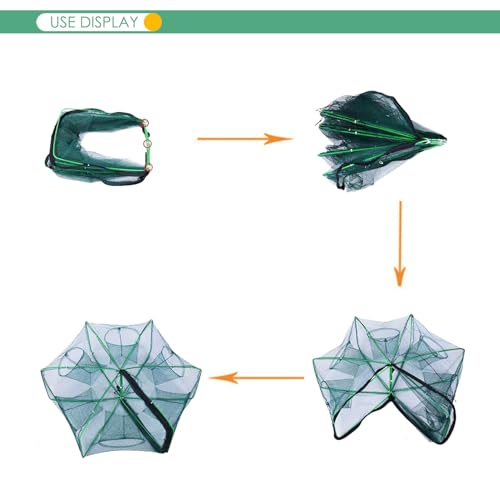 Foldable Bait Trap Fishing Net - Hand Cast Cage for Catching Fish Shrimp Crab Crawfish - color: Green, size: 6 Entrances