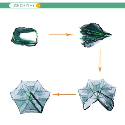Foldable Bait Trap Fishing Net - Hand Cast Cage for Catching Fish Shrimp Crab Crawfish - color: Green, size: 6 Entrances