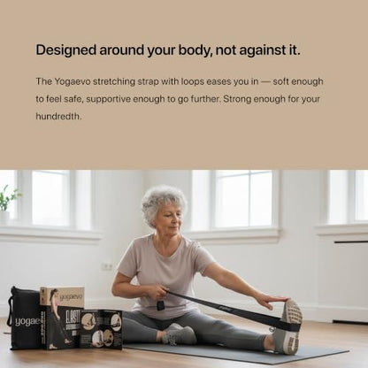 YogaEVO Stretching Strap with Loops for Physical Therapy — Yoga Strap & Resistance Band in One — Flexibility & Back Recovery — HD Video Routines Included - color: Black