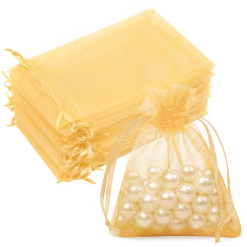 50PCS Gold Organza Bags 3x4, Small Mesh Gift Bags Drawstring Cute Sheer Mini Pouches Goodie Baggies for Jewelry Candy Sachet Treats Wedding Birthday Baby Shower Halloween Party Favors - color: Gold