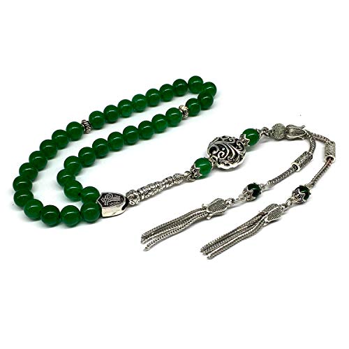 Design - Long & Stylist Tassels Worry Beads - Prayer Beads (8 mm-33 Beads) Tesbih-Tasbih-Tasbeeh-Misbaha-Subha-Sebha-Sibha-Rosary (Green Jade Natural Stone) - color: Green Jade Natural Stone