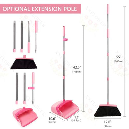 Broom and Dustpan Set, Dustpans with Broom Combo for Home, Heavy Dust Broom and Dustpan Combo, Long Handle Dust Pan and Broom Set for Kitchen, Office, Pet Hair,Pink, Pack of 1 - color: Pink