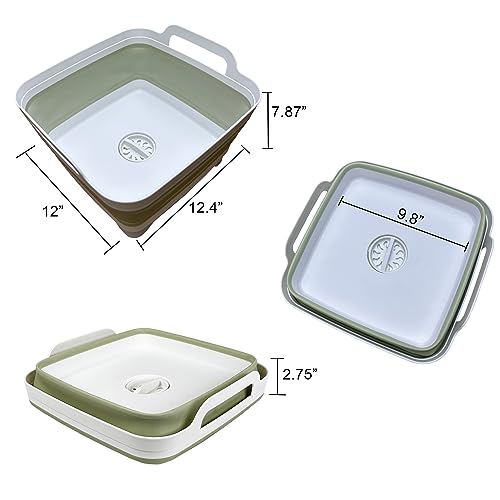 9L (2.4Gal) Dish Basin Collapsible with Drain Plug , Space Saveing Kitchen Storage Tray Dish Wash Basin, Portable Dish Tub, Foldable Dishpan for Camping ,RV,Green - color: Light Green