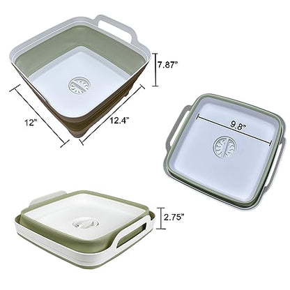 9L (2.4Gal) Dish Basin Collapsible with Drain Plug , Space Saveing Kitchen Storage Tray Dish Wash Basin, Portable Dish Tub, Foldable Dishpan for Camping ,RV,Green - color: Light Green