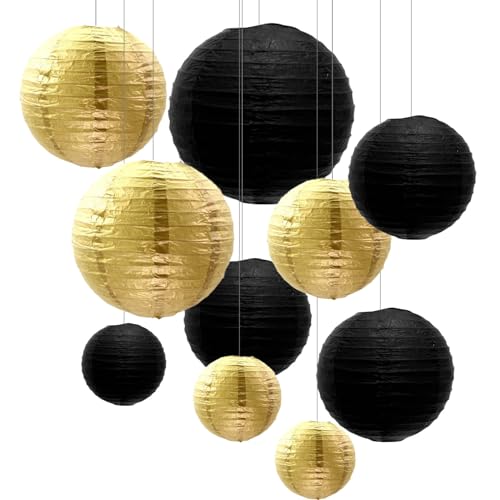 ZOOYOO 10pcs Paper Lanterns,Black Gold Round Hanging Paper Lanterns Decorations for Graduation,Anniversary,New Year,Farewell,Retirement,Birthday Party,Graden Decor - color: Black Gold