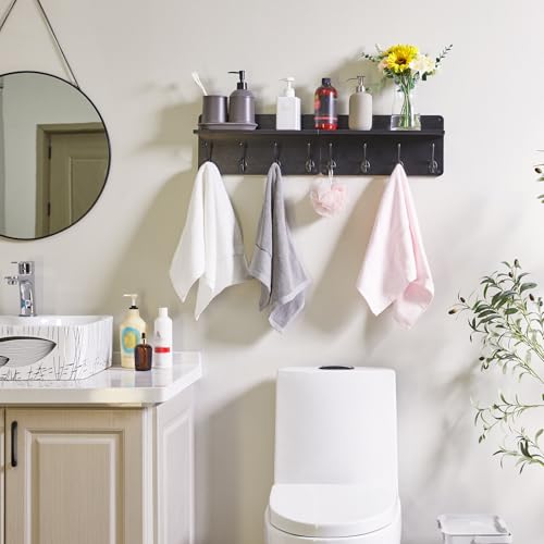 YMYNY 31.5" Coat Rack Wall Mount with Shelf and 8 Hooks, Black, HWS006B-2 | 2 Pack Coat Hooks Key Holder Wall Mount, Wood Wall Mounted Coat Rack with Wall Hooks for Hanging, Towel Hooks for Bathroom - color: Black