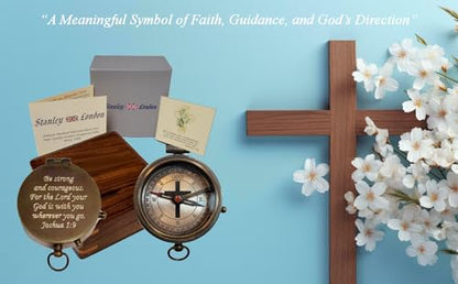 Personalized Compass Gift for Baptism, Confirmation | Religious Keepsake Engraved with Bible Verse | Optional Wood Box with Plaque Available | Gift Box Included - style: Joshua 1:9