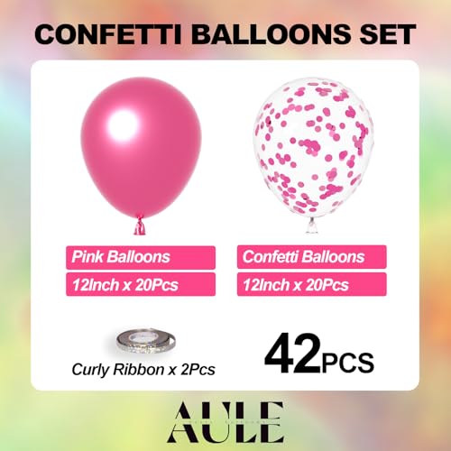 AULE Party Balloons Pack of 42 - Metallic Chrome Pink Balloons and Pink Confetti Latex Helium Balloons With 64ft Ribbons - 12 Inch Balloon Decoration Set - color: Pink