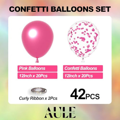 AULE Party Balloons Pack of 42 - Metallic Chrome Pink Balloons and Pink Confetti Latex Helium Balloons With 64ft Ribbons - 12 Inch Balloon Decoration Set - color: Pink