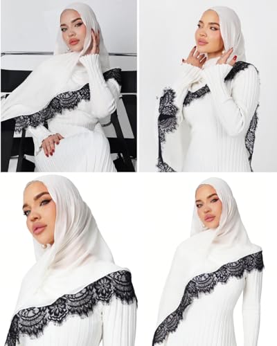 JUMISEE Elegant Floral Lace Hijab Scarf for Women Soft Cotton Head Wrap Instant Hijab Long Scarves Evening Dress Shawl - color: White With Black Lace Trim