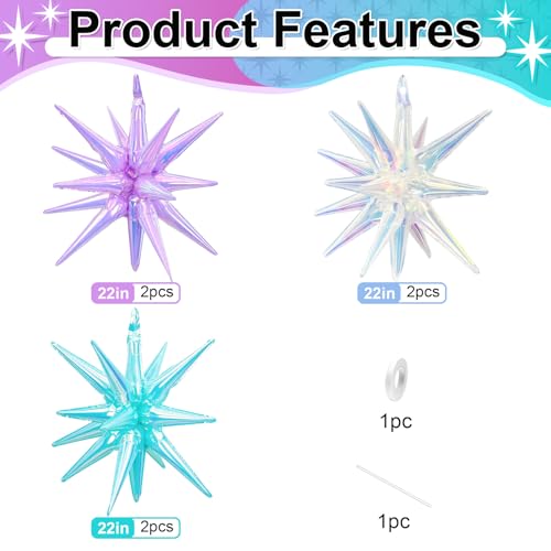 6 Pcs Iridescent Explosion Star Foil Balloons Birthday Mermaid Decor - color: Iridescent Blue Purple