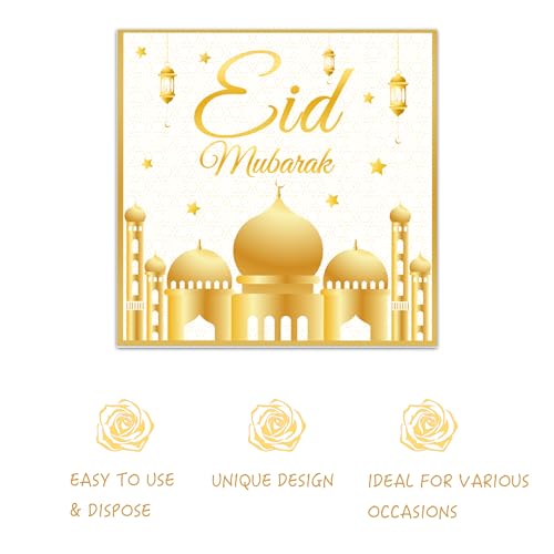 100Pcs Eid Mubarak Paper Napkins White and Gold Moons Stars Guest Lunch Dinner Tableware Disposable Dessert Napkin Set for Muslim Kitchen Holiday Party Supplies Decoration,6.5 x 6.5 inch