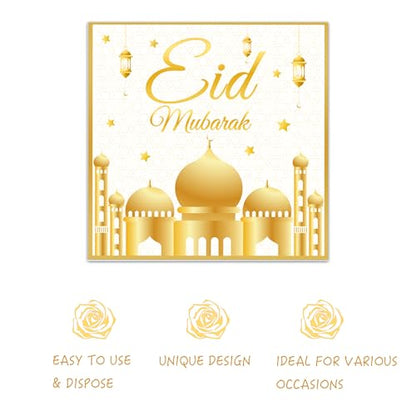 100Pcs Eid Mubarak Paper Napkins White and Gold Moons Stars Guest Lunch Dinner Tableware Disposable Dessert Napkin Set for Muslim Kitchen Holiday Party Supplies Decoration,6.5 x 6.5 inch
