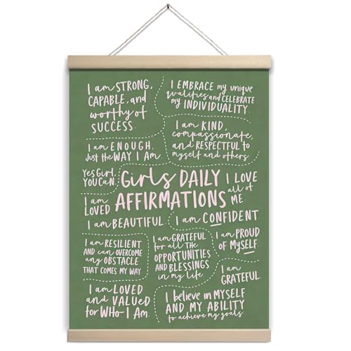 UTELKA Green Girls Daily Affirmation Wall Art Decor, Sage Green Poster Positive Affirmations Light Pink, Funky Wall Art Girls Bedroom Affirmations for Teens Playroom 12x16 - color: Green Girls Daily Affirmation
