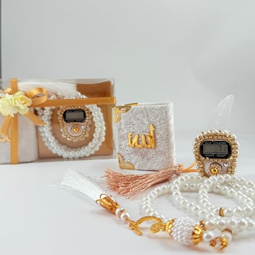 BABY SHOWER CHOCOLATE Islamic Gift Set (Pack of 6) - Digital Tasbih Counter, Mini Quran and Prayer Beads in Elegant Gift Box - Muslim Gift for All Occasions (White)