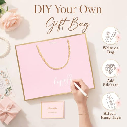 ANZNKU 2PCS Gift Bags for Women 12.6" Medium Pink Gift Bags with Handles 4 Tissue Paper 2 Ribbons 2 Cards, Cute Bag for Gifts Wedding Favors Birthday Engagement Bridal Baby Shower Party Presents - color: Soft Pink