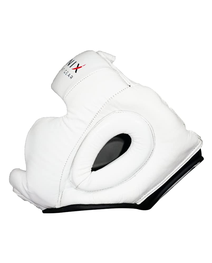 Flight Headgear w/Cheek and Chin Support, Leather Sparring Headgear, Boxing, MMA, Muay Thai Kickboxing, Mixed Martial Arts, UFC - color: White, size: Large