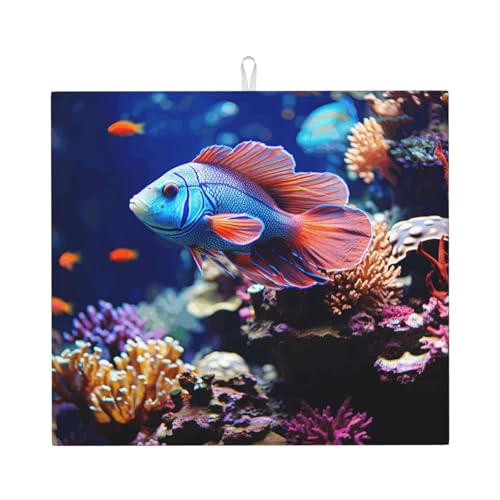 Coral Reef Fish Aquarium Dish Drying Mat for Kitchen Counter 18"x16" Super Absorbent Microfiber Dish Drying Pad Non-slip Drainer Mats Extra Large Dish Rack Pad Kitchen Drying Mat