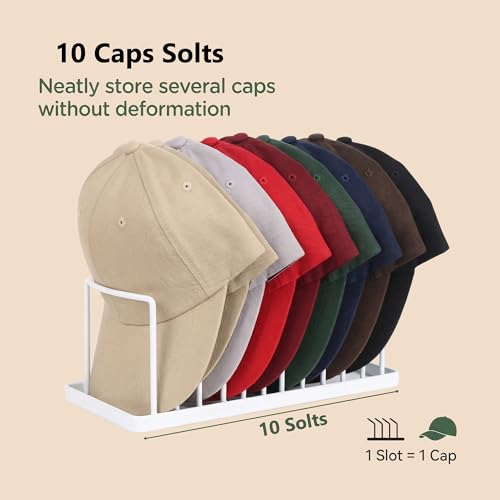 Hat Organizer for Baseball Caps - Metal Stand Holds 10 for Closet | No assembly needed. Space-saving rack fits any flat surface. Sturdy metal holds 10 caps neatly - color: White 1 Pack