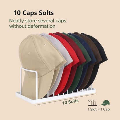 Hat Organizer for Baseball Caps - Metal Stand Holds 10 for Closet | No assembly needed. Space-saving rack fits any flat surface. Sturdy metal holds 10 caps neatly - color: White 1 Pack