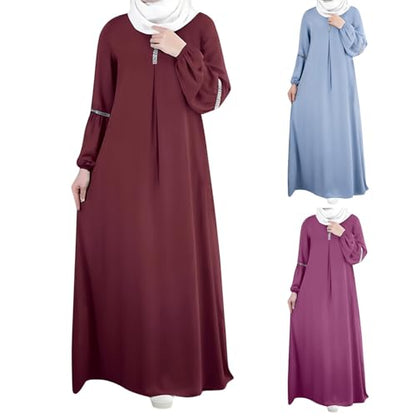 Muslim Prayer Dress Long Sleeve Round Neck Loose Abaya Maxi with Sequin Detail Flowy Sun Dress Casual Cover Up - color: 01#_wine, size: X-Large