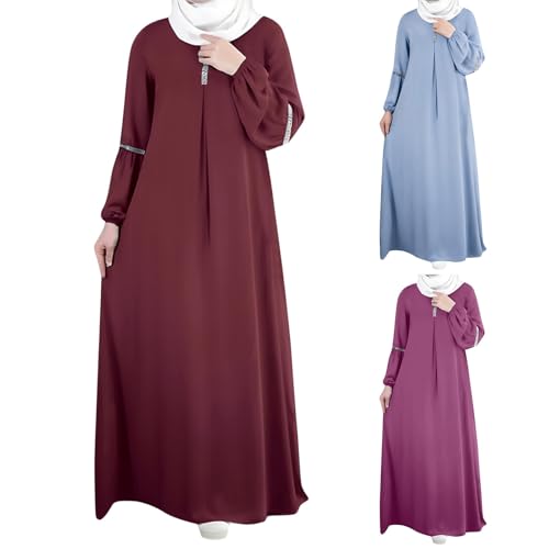 Muslim Prayer Dress Long Sleeve Round Neck Loose Abaya Maxi with Sequin Detail Flowy Sun Dress Casual Cover Up - color: 01#_wine, size: Medium