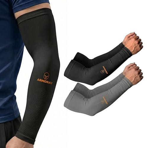 ARMORAY Arm Sleeves for Men and Women - UV Sun Protection Cooling Compression - Tattoo Cover Up Sleeve for Daily Wear & Work - color: Black 1 Pair + Gray 1 Pair (2 Pairs)