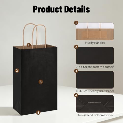 Oikss 50 Pack 5.25x3.25x8.25 inch Small Kraft Paper Bags with Handles Bulk, Birthday Wedding Party Favors Grocery Retail Shopping Business Goody Craft Gift Bags Cub Sacks (Black) - color: Black