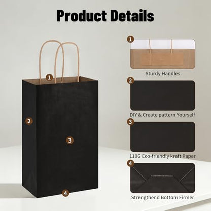 Oikss 50 Pack 5.25x3.25x8.25 inch Small Kraft Paper Bags with Handles Bulk, Birthday Wedding Party Favors Grocery Retail Shopping Business Goody Craft Gift Bags Cub Sacks (Black) - color: Black