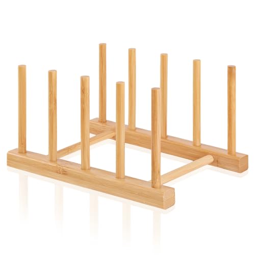 Bamboo Wooden Dish Rack-Plate Pot Lid Cutting Board Organizer Holder Rack | Kitchen Cabinet Organizer for Dish, Pots, Lids, Bowls, Bottles, Books, and Puzzle - color: Bamboo 4 Slots 1pcs