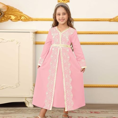 Kids Girls Ramadan Muslim Lace Trim Maxi Dress with Belt Prayer Arabic Kaftan Dubai Islamic Eid Dresses - color: Pink, size: 6-7 Years