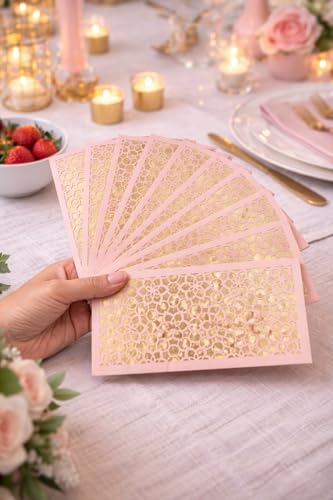 Laser Cut Money Envelopes Pack of 10, Blush Pink with Gold, Premium Cash Gift Envelopes, Shagun Lifafa for Weddings, Birthdays, Baby Shower, Graduation & Special Occasions