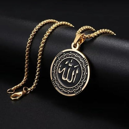 Islamic Allah Religious Amulet Stainless Steel Pendant Necklace Muslim Arabic Protection Jewelry Gift for Men Women - color: golden