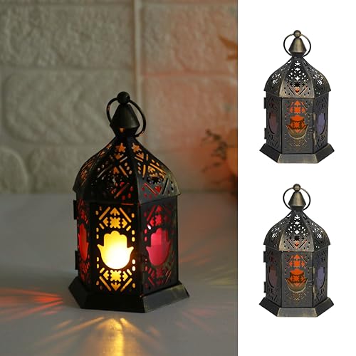 2 Pack Moroccan Style Candle Lantern, Small Tealight Candle Holder with Transparent Flower Glass Panels, Hanging Lantern Outdoor for Ramadan, Decorative Metal Lamp for Patio, Weddings 6.5inch（Bronze） - color: Bronze