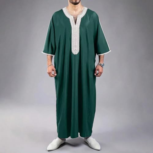 Mens Embroidery Moroccan Thobe Men Muslim Mogadishu Djellaba Robe Islamic Jubba Prayer Kaftan Islamic Arabic Abaya - color: Green, size: Medium