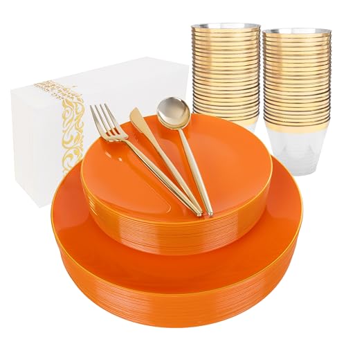 MirthMood 210PCS Orange Plastic Plates,Orange plastic Dinner Plates– Plastic Plates Set Includes 30 Dinner,30 Dessert Plate,30 Cup&50 Napkins, 30 Silverware for Wedding & Birthday Parties - color: Orange, size: 210