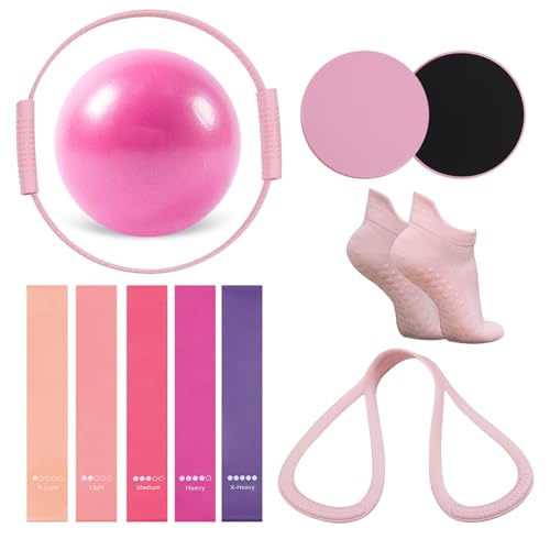 13 PCS Pilates Equipment Kit for Women,Pilates Ring and Ball Set with Resistance Bands,Core Sliders, Socks, Bag & Guide for Starter Home Workout Fitness Gym Essentials - color: Pink