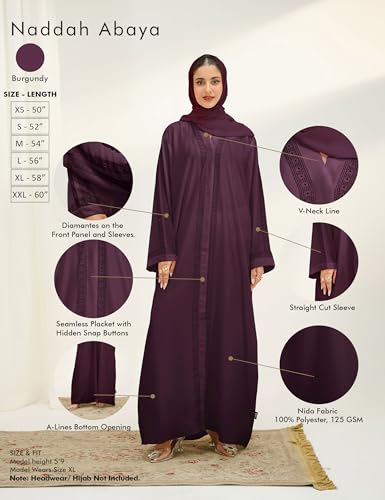 Abaya Dress for Women, Fully Button Up Muslim Abaya in Premium Nida Fabric – Long Sleeve Modest Islamic Maxi Dress - color: Burgundy, size: X-Small