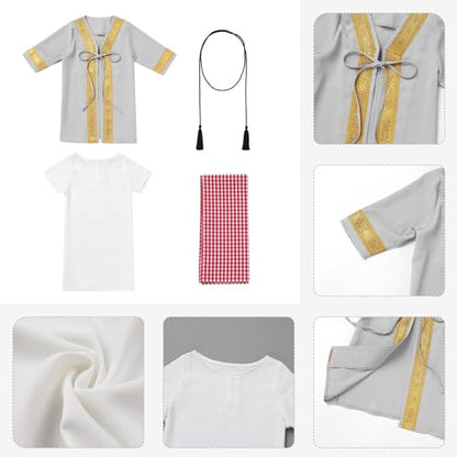 Muslim Clothes for Baby Boy Arabian Robe Plaid Turban Scarf Eid Ramadan Dubai Attire Infant Abaya Saudi Kaftan Kurta - color: Grey (4pcs), size: 12-24 Months