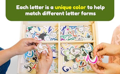 ILM Toolbox Build-A-Word Magnetic Arabic Letter Alphabet Set for Kids, 143 Wooden Arabic Letters in a Wooden Storage Box with Dry Erase Board