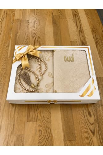 Islamic Prayer Rug Set with Yasin Book and Prayer Beads - Gold Cotton Seccade Gift Set for Men and Women - Includes Prayer Mat, Book, Rosary, and Gift Box - appropriate for Ramadan, Hajj, Umrah, and S