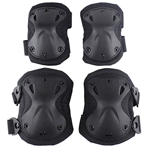 Combat Knee & Elbow Protective Pads Set for Outdoor CS Paintball Game Cycling Safety Skateboarding Gear Skates Knee Protection Guard Pads - color: Black