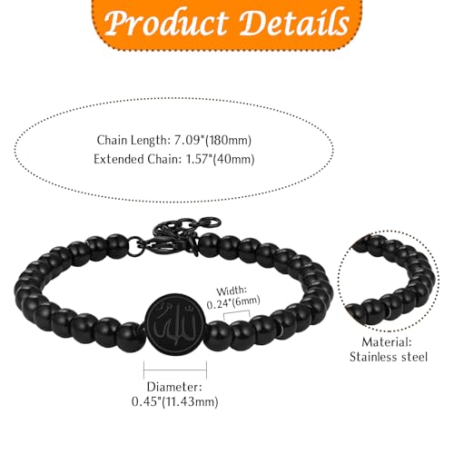Aroncent Allah Stainless Steel Bracelet: Black Beaded Chain Islamic Jewelry - Ramadan Eid Gift for Men and Women - color: black