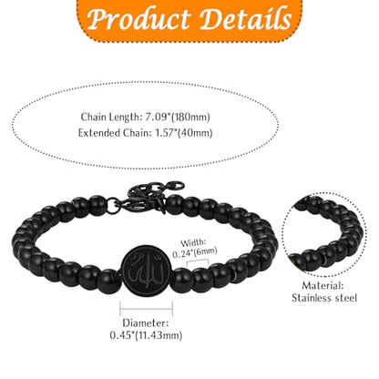 Aroncent Allah Stainless Steel Bracelet: Black Beaded Chain Islamic Jewelry - Ramadan Eid Gift for Men and Women - color: black