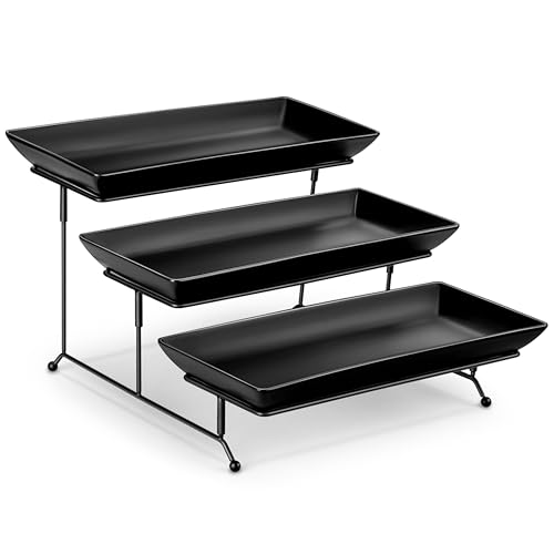 MALACASA 3 Tier Serving Trays for Party, Stoneware Serving Platters and Trays, 14 Inch Tiered Tray Stand, Fruit Tray, Trays for Serving Food, Black Dessert Stand with Collapsible Sturdier Metal Rack - color: Black, size: 14 Inch