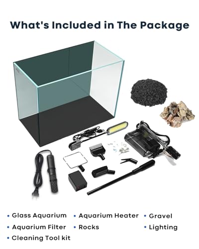 5 Gallon Small Aquarium Set Glass Fish Tank 6 Gallon, Starter Kit with Heater Water Pump Cleaning System Filter Bright Light Rocks Gravel Cleaning Tool, Clear Rimless Betta Plants - size: 5 Gallon