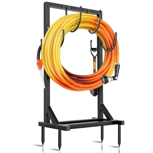 Garden Hose Holder Stand, BOLITE Heavy Duty Metal Hose Hanger, Holds 150ft | Freestanding & Detachable Water Hose Holder for Outside, 4 Spikes & 2 Tool Hooks, Storage Rack for Outside Yard Lawn Farm - style: Freestanding