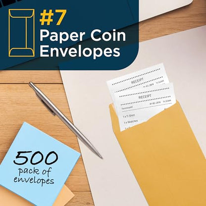 Guardian #7 Paper Coin Envelopes - Made in America with Gummed Flaps, Pack of 500 Blank Cash Envelopes for Coins, Receipts, Seeds, Small Parts Storage, and More, 3 ½ x 6 ½ Inches, Brown - color: Brown