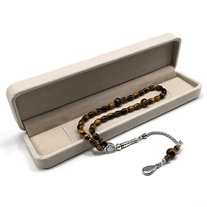 Design -Tiger Eye Stone Series Worry Beads - Prayer Beads (8 mm-33 Beads) Tesbih-Tasbih-Tasbeeh-Misbaha-Masbaha-Subha-Sebha-Sibha-Rosary (-Oval Cut Drop Model 6x9 mm-) - color: -Oval Cut Drop Model 6x9 mm-